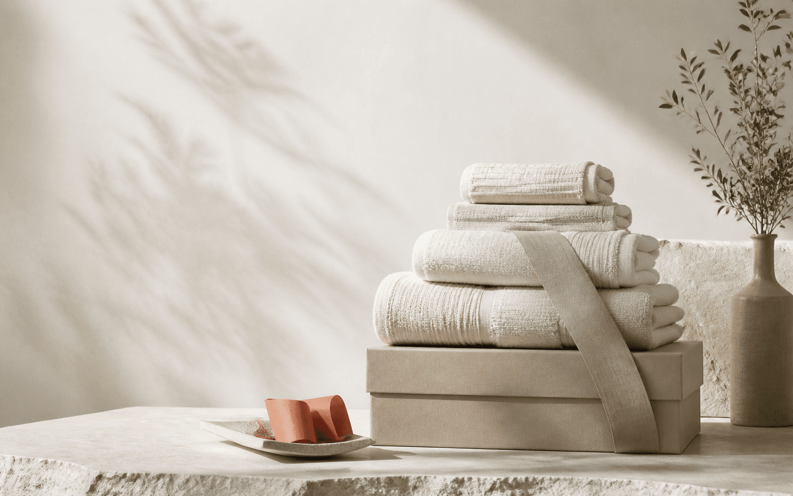 Ivory bath linens and a gift box arranged in warm natural light