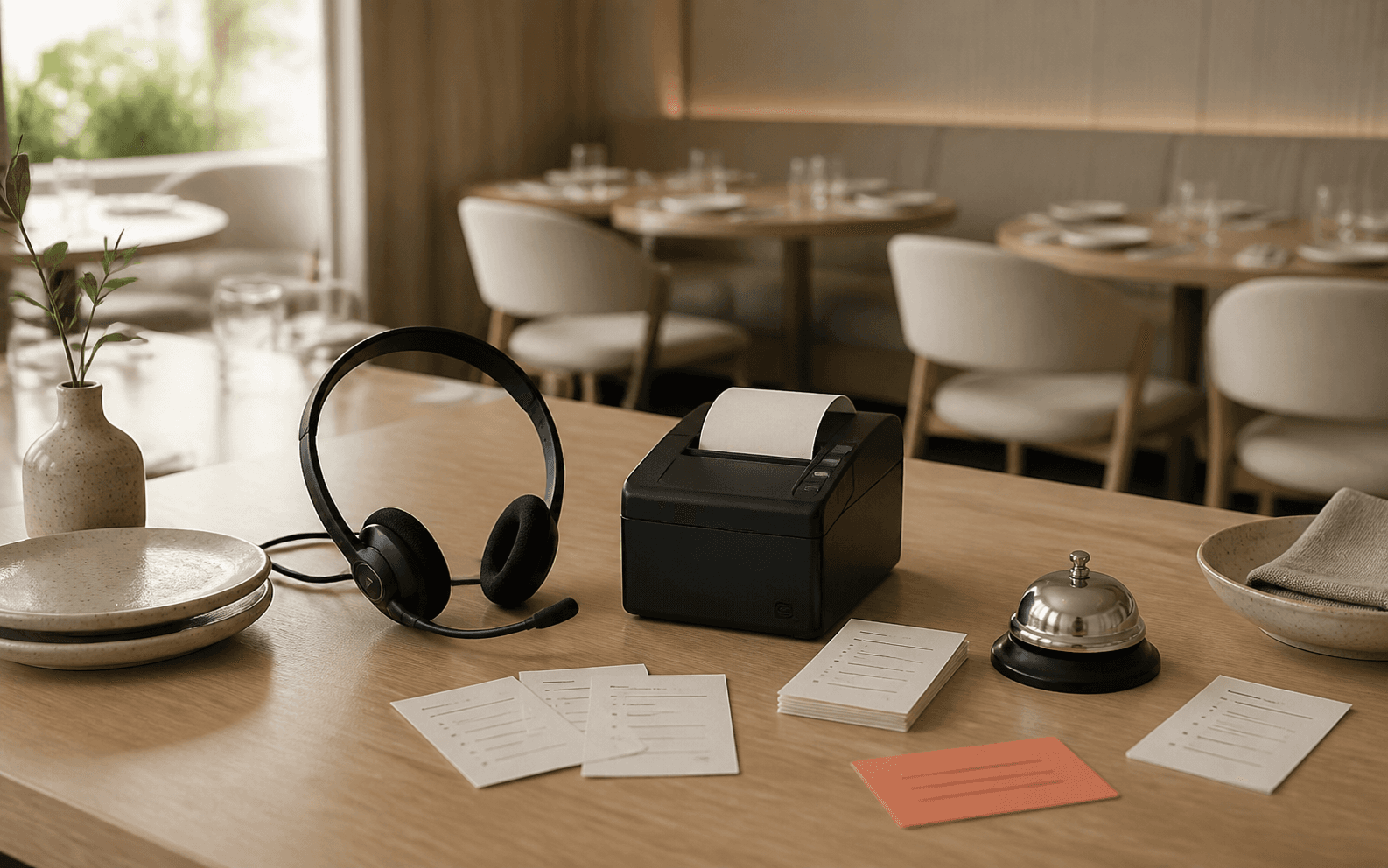 A restaurant voice-ordering prototype with a headset, receipt printer, and test cards