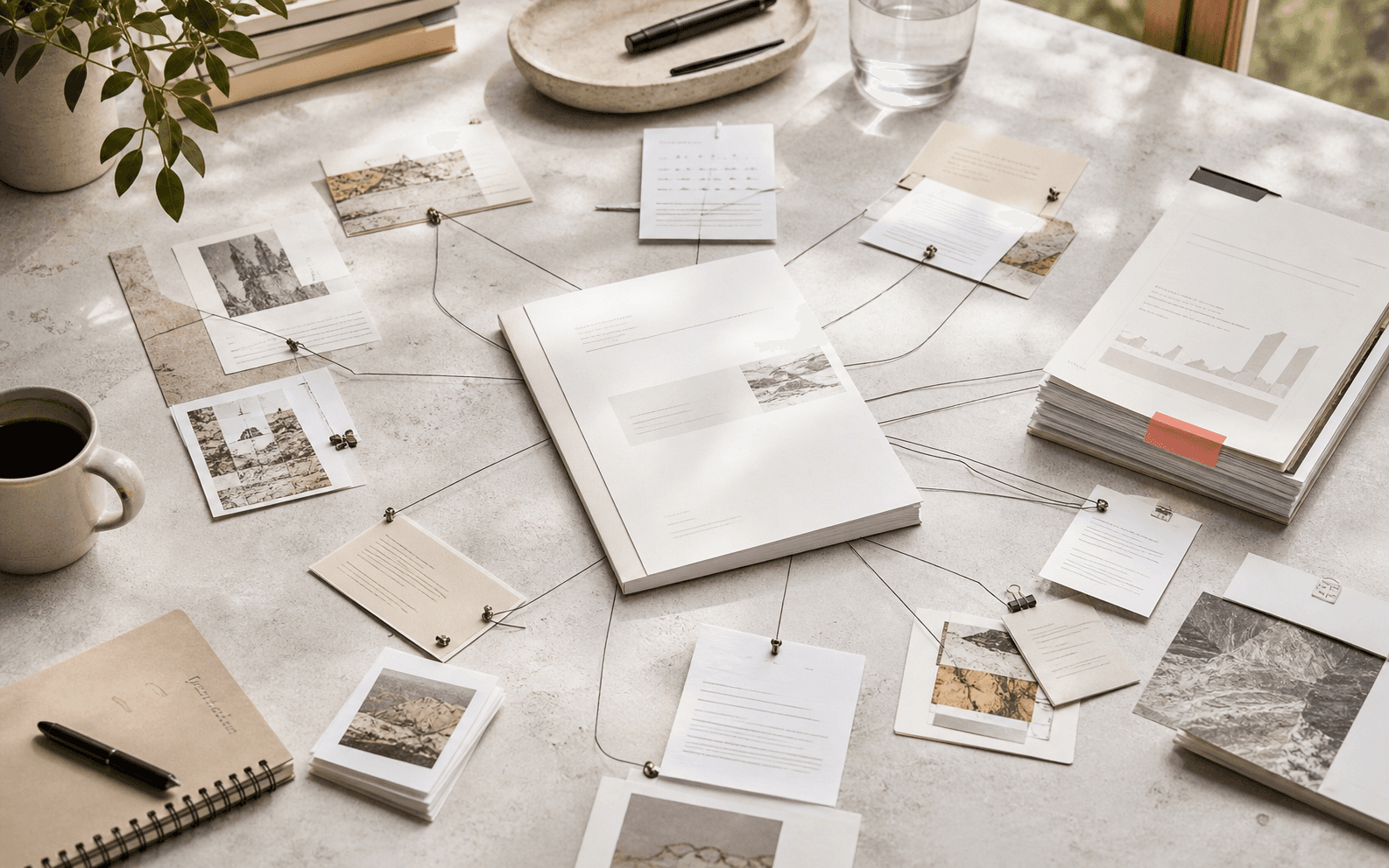 A strategy dossier connected to evidence cards and an ongoing report stack