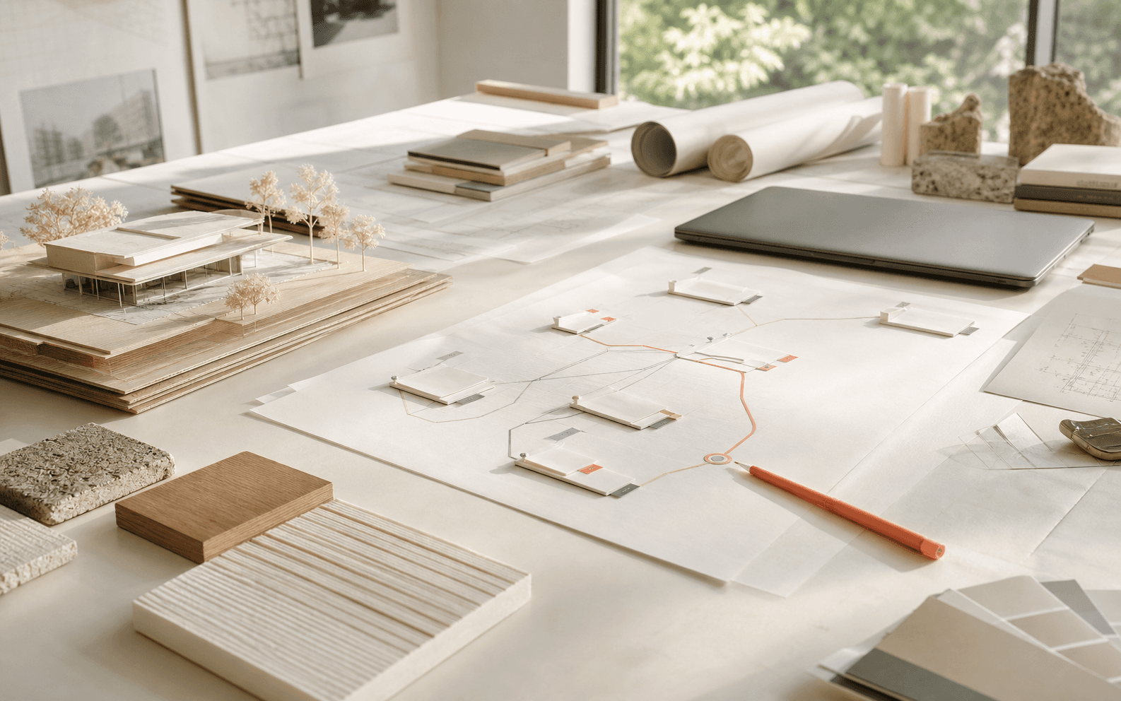 An architecture studio desk combining a scale model, material samples, and delivery routes