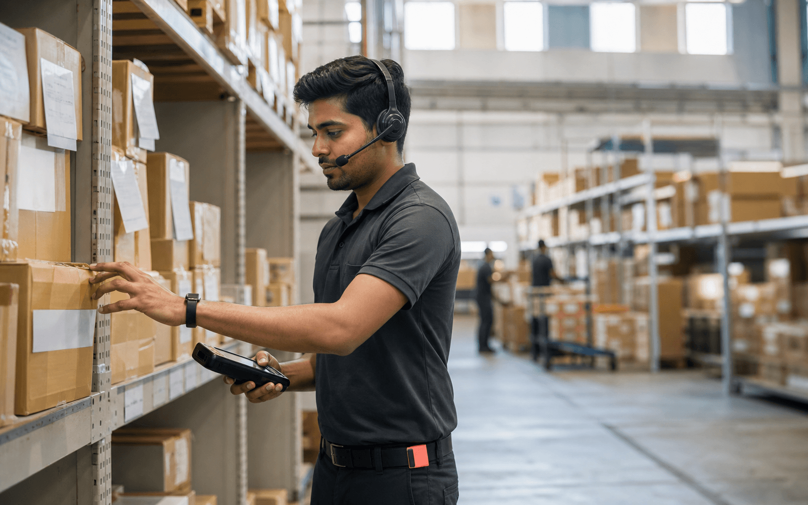 A warehouse operator using a voice headset while handling inventory