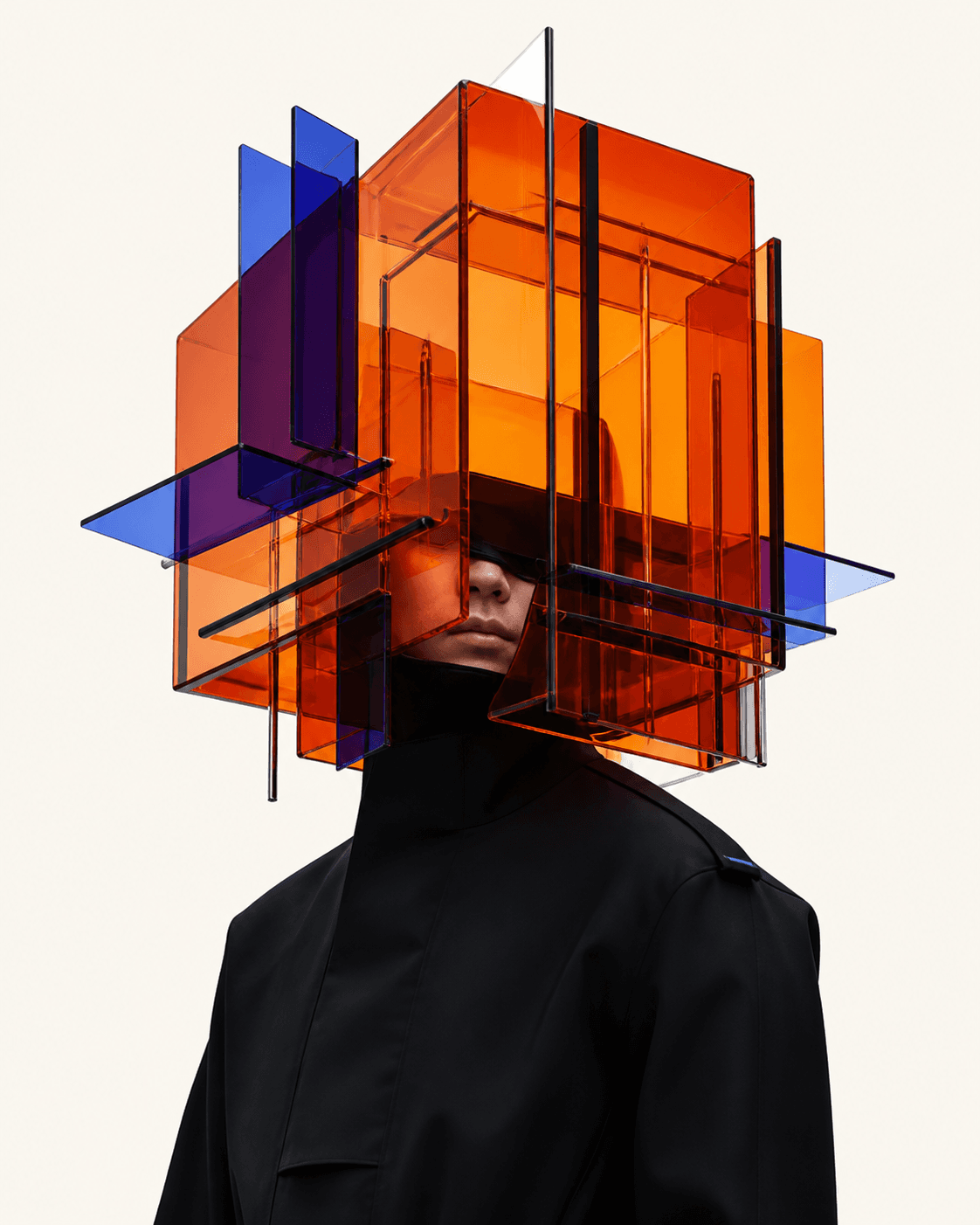 A founder figure beneath an abstract orange and cobalt technical structure